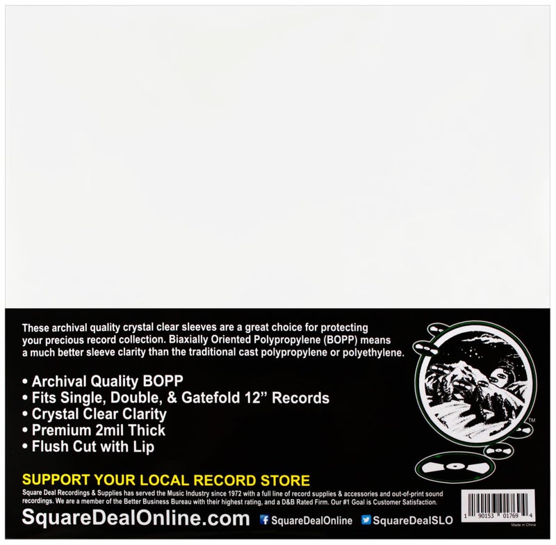 Square Deal Recordings & Supplies (100) 12" Record Outer Sleeves - Archival Quality, Super Clear BOPP - 12-3/4" x 12-1/2" - 2 Mil Thick - #12SB02 - Image 2